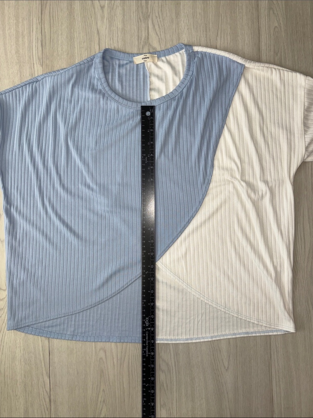 ENTRO Light Blue and Cream Ribbed Colorblock Top - Picture 9 of 9